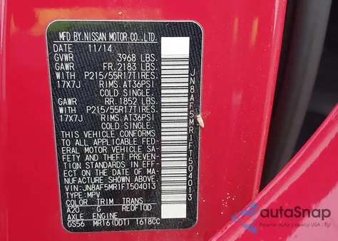 2015 Nissan Juke Sv from USA, damaged, VIN JN8AF5MR1FT504013